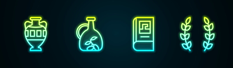 Canvas Print - Set line Ancient amphorae, Bottle of olive oil, Greek history book and Laurel wreath. Glowing neon icon. Vector