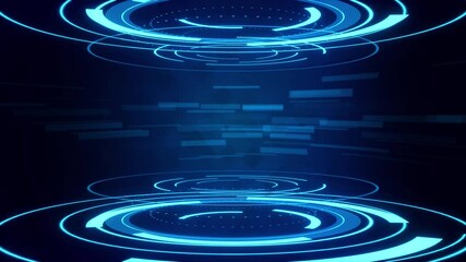 4K Digital technology plexus lines High tech HUD news studio Loop background. Corporate promotion. Futuristic interface stage in the center. Hi-tec, science, technology, Artificial Intelligence