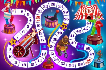Poster - Cartoon circus performers on kids board game. Child playing activities book page. Dice roll and move game, cartoon vector boardgame with top circus animals, clown and human cannonball performer