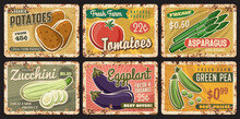 Farm Vegetables Rusty Plates With Vector Veggie Food And Beans. Fresh Tomato, Zucchini, Potato And Eggplant, Green Pea And Asparagus Vintage Tin Signs And Old Metal Signboards, Farm Market Design