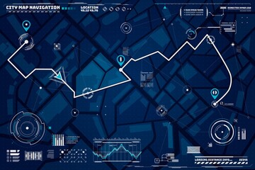 Poster - HUD navigation background. City map navigation screen interface backdrop with compass, graphs and map points on computer screen. Car trip or delivery destination and location route map on city streets