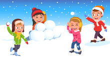 Kids Friends Playing Snowball Fight Together