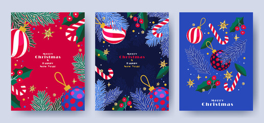 Aufkleber - Merry Christmas and Happy New Year Set of greeting cards, posters, holiday covers. Modern Xmas design in blue, green, red, yellow and white colors. Christmas tree, balls, fir branches, decor elements