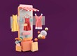 © Garfieldbigberm - Dresses on online stores and shopping bags on a purple background.-3d rendering..