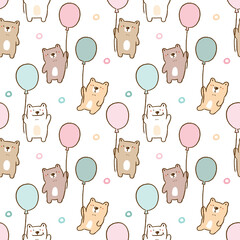 Seamless Pattern of Cartoon Bear and Balloon Design on White Background