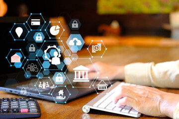 Poster - Using a laptop computer for online banking and payment, a businessman Digital marketing is a term that refers to the use of Networking in finance and banking. Customer network connection for online bu