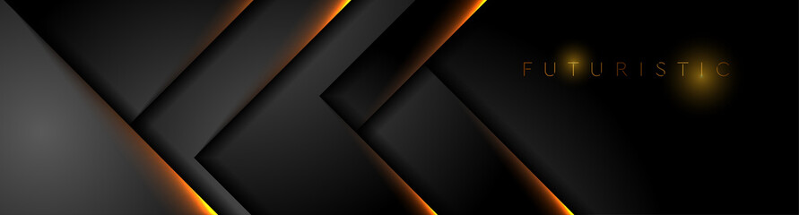 Wall Mural - Futuristic black technology background with orange neon lines. Glowing vector banner design