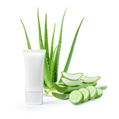 Wall Mural - Beauty cream with aloe vera and cucumber on white background. Aloe vera skin care. Moisturizing and skin care concept.