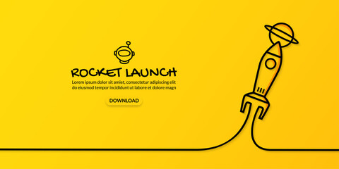 Continous line drawing Rocket launching to space on yellow background, business start up concept, Outline flat minimal style vector illustration