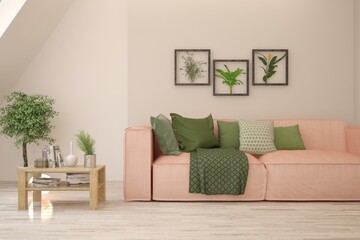 White living room with sofa. Scandinavian interior design. 3D illustration