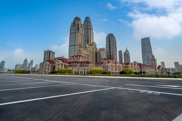 Empty asphalt road and city skyline and building landscape, China.