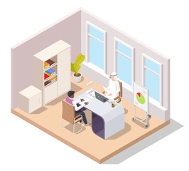 Aufkleber - Arab muslim businessman working at office, vector isometric illustration. Office situation, workplace.