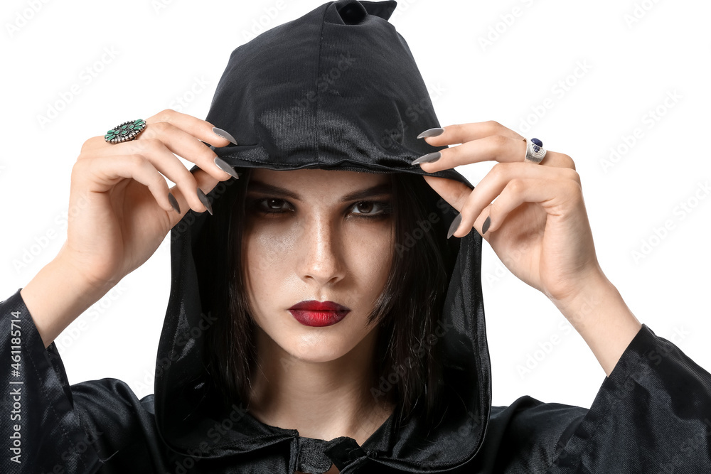 Beautiful woman dressed as witch for Halloween party on white background