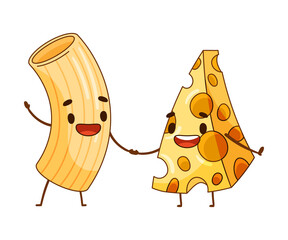 Cheese and pasta tortiglioni characters holding by hands. Perfect couple, friends forever cartoon vector illustration