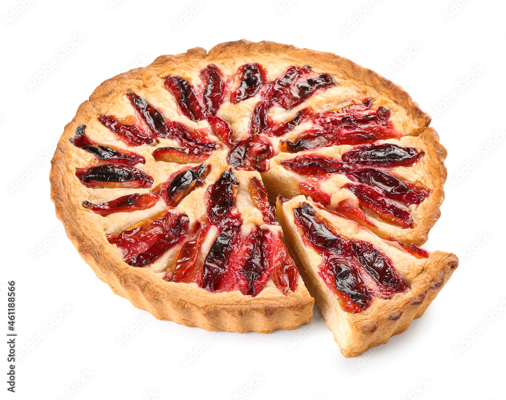 Tasty plum pie on white background