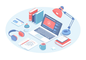 distance education e-learning. online courses, lessons, webinars, video tutorials. vector illustrati