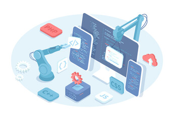 Software development and programming. Apps for different devices. Engineering, coding, data processing. Vector illustration in 3d design. Isometric web banner.