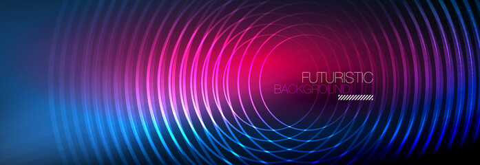 Dark abstract background with glowing neon circles. Trendy layout template for business or technology presentation, internet poster or web brochure cover, wallpaper