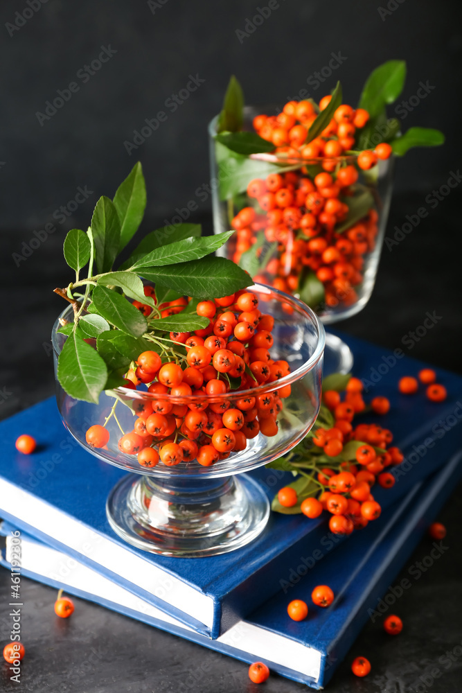 Composition with ripe rowan berries and books on dark background, closeup