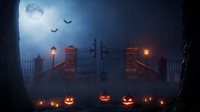 Halloween Scene With Spooky Churchyard Gate And Jack O' Lanterns.