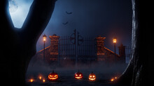 Halloween Illuminated Pumpkins With Candles, At An Eerie Forest Churchyard Gate At Night.