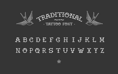 Poster - Old School tattoo vintage doodle type font vector template. Traditional retro and rock style font. Tattoo Alphabet
