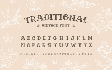 Poster - Traditional tattoo vintage doodle type font vector template. Old School Tattoo and Rock style font. Tattoo Alphabet