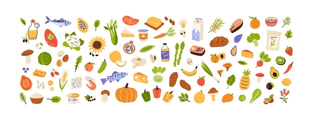 Wall Mural - Healthy food set. Vegetables, fruits, milk, mushrooms and fish collection. Natural organic nutrition. Fresh vitamin grocery products. Colored flat vector illustration isolated on white background