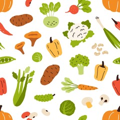 Aufkleber - Seamless vegan pattern with fresh vegetables. Healthy vitamin food texture. Endless vegetarian background with doodle celery, beans, mushrooms and pepper. Colored flat vector illustration for printing