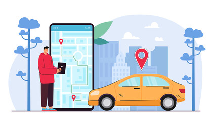 Poster - Man tracking taxi driver cab on tablet map. Guy using device for car location with GPS system app. Male checking navigation on smartphone booking taxi. Cartography display. Flat vector illustration.