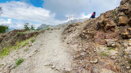 Poster - Mountain trail in summer season, revealing landscape of italian alps