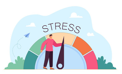 Wall Mural - Tired business person reducing level of stress. Cartoon character pulling arrow, measure of stress at work flat vector illustration. Stress, crisis, pressure concept for banner or landing web page