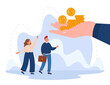 Hand giving gold coins of salary to corporate office workers. Happy tiny business people receiving money offers flat vector illustration. Incentive for work, financial motivation of employees concept