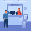 Male visitor at information booth of expo stand exhibition. Man standing at company counter, advertising product, communicating with clerk flat vector illustration. Tradeshow, marketing event concept