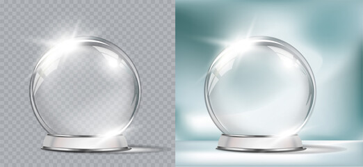 Wall Mural - Vector realistic transparent Christmas globe on a light abstract background. Christmas decoration.  Glass sphere and sparkling translucent crystals