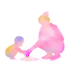 Mother playing with little baby on the beach silhouette plus abstract watercolor painted. Happy mother's day. Digital art painting.