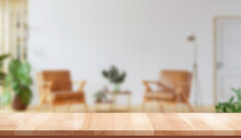 Empty Wooden Table With Blurred Modern Apartment Interior Background