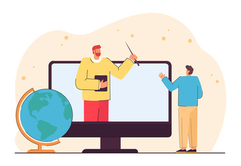 Wall Mural - professor or tutor on computer screen giving geography lecture. male cartoon student greeting teache