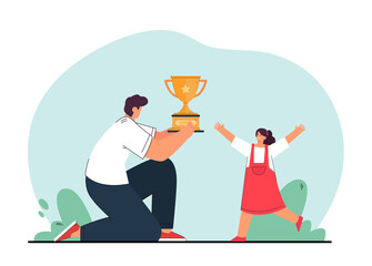 Wall Mural - cartoon father or teacher giving gold cup to little girl. happy child winning trophy flat vector ill