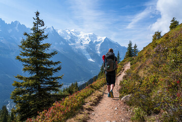 Fototapete - A woman hiking on the famous Tour du Mont Blanc near Chamonix, France.