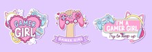 Gamer Girl Colorful Sticker Set With Kawaii Objects Gamepad, Cat Ear Headphones, Tamagotchi, Stars. Cartoon Gamer Quote For Logo, Pin, Card, Sticker, Poster, Card, Textile. Flat Vector Illustration
