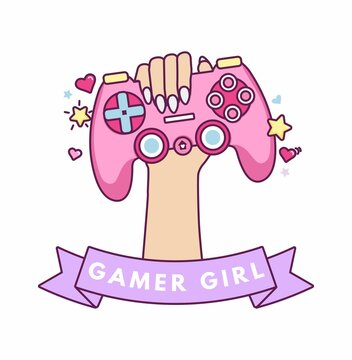 Wall Mural - Gamer girl kawaii vector illustration with hand holding a pink gaming controller.