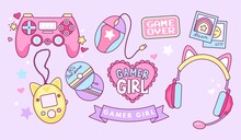 Gamer Girl Kawaii Elements Set. Vintage Pink Kawaii Girl 90’s Game Vector Illustration For Sticker, Pin, Card, Poster. Cat Ear Headphones, Tamagotchi, Gamepad, Rainbow, Mice, Game Over Pixel Sign.