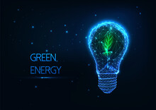 Abstract Green Energy Concept With Glowing Low Polygonal Lightbulb And Green Sprout On Dark Blue