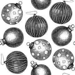 Wall Mural - Christmas balls seamless pattern. Hand sketched Christmas tree decorations backdrop. Perfect for greeting cards, invitations, flyers, banners, packaging. Decorative glass balls background