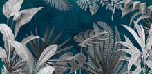Mural For The Walls. Photo Wallpapers For The Room. Tropical Leaves On A Blue Background In The Grunge Style.