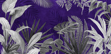 Mural For The Walls. Photo Wallpapers For The Room. Tropical Leaves On A Lilac Background In The Grunge Style.