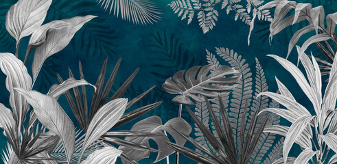 Wall Mural - Mural for the walls. Photo wallpapers for the room. Tropical leaves on a blue background in the grunge style.
