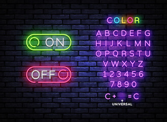 Aufkleber - Button On Off neon sign vector design template. Button On Off neon design, light banner, design element, night bright advertising, bright sign. Vector illustration. Editing text neon sign