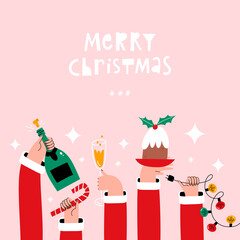 Christmas greeting card with hands holding holiday food, drink and decorations